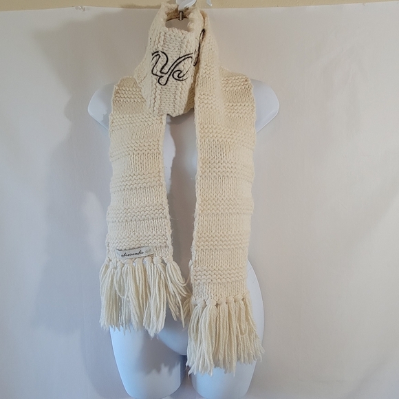 VTG Y2K Abercrombie Ivory Chunky Cable Knit Scarf Fringed Logo Grunge Unisex - Picture 5 of 10